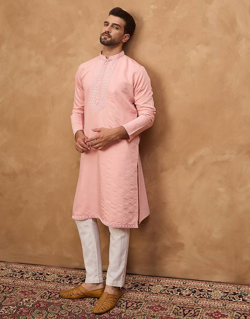 Men peach silk blend solid solid straight kurta