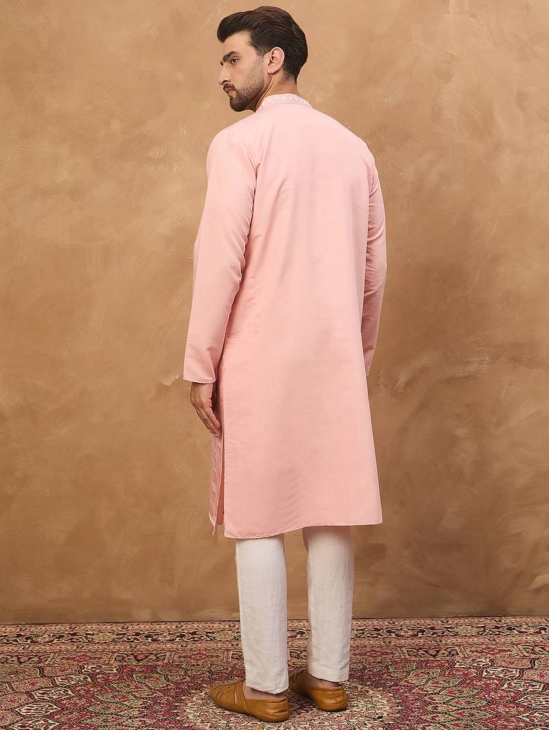 Men peach silk blend solid solid straight kurta