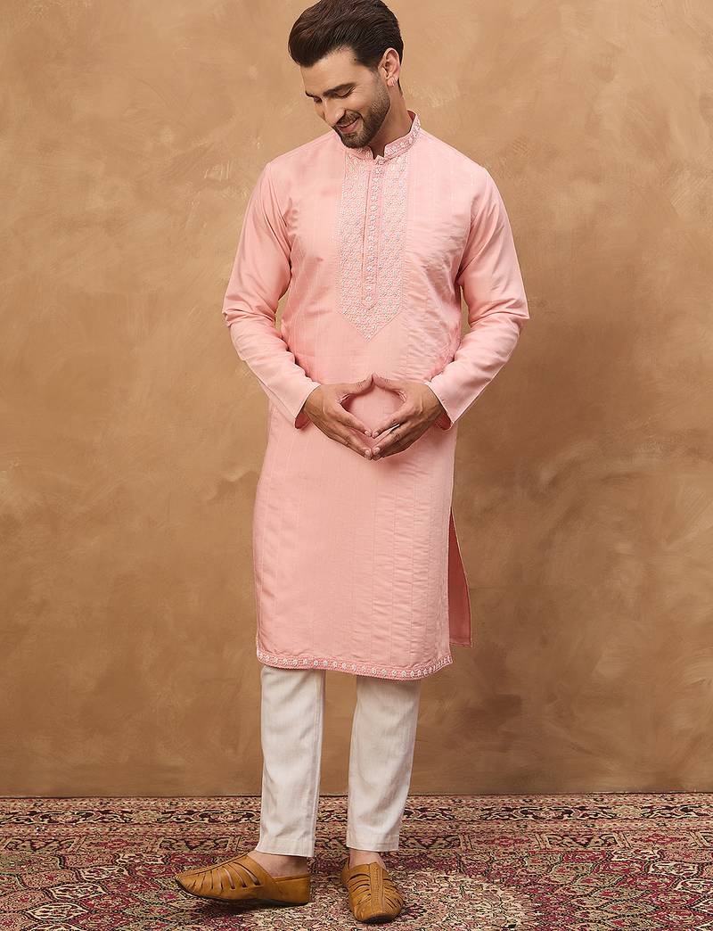 Men peach silk blend solid solid straight kurta