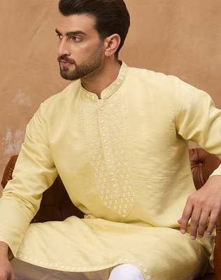 Men yellow silk blend solid embroidered straight kurta 1