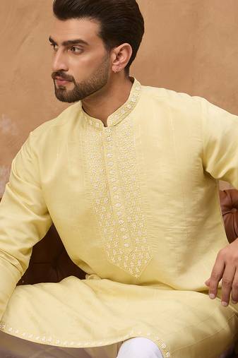 Men yellow silk blend solid embroidered straight kurta
