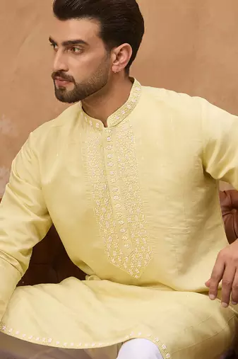 Men yellow silk blend solid embroidered straight kurta