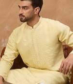 Men yellow silk blend solid embroidered straight kurta