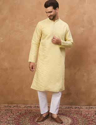 Men yellow silk blend solid embroidered straight kurta 2