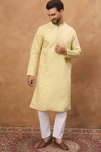 Men yellow silk blend solid embroidered straight kurta