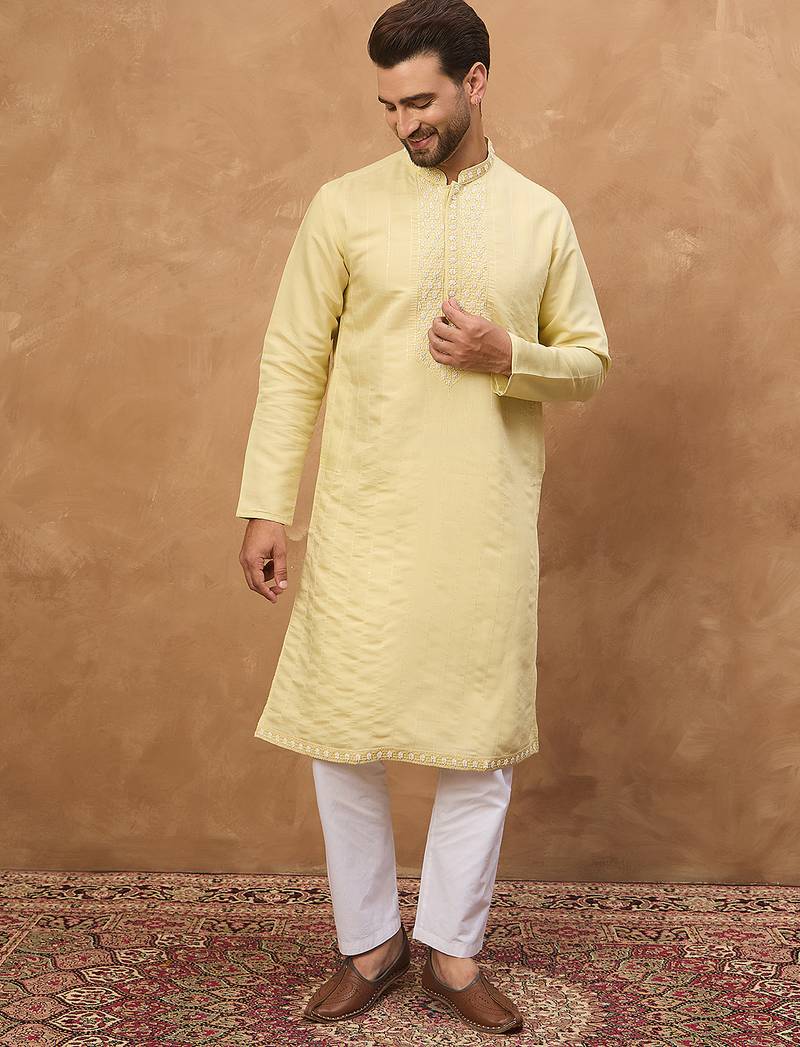 Men yellow silk blend solid embroidered straight kurta