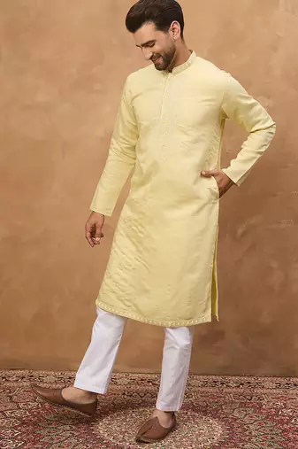Men yellow silk blend solid embroidered straight kurta