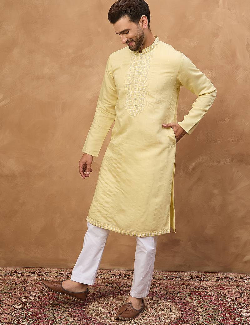 Men yellow silk blend solid embroidered straight kurta