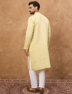 Men yellow silk blend solid embroidered straight kurta 4