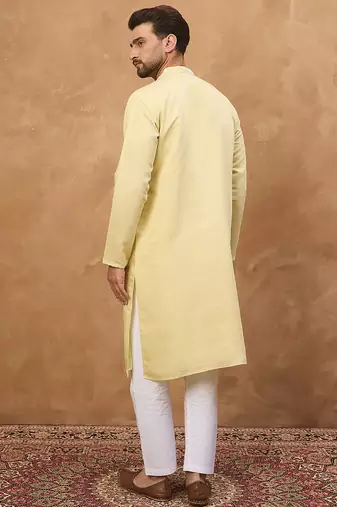 Men yellow silk blend solid embroidered straight kurta