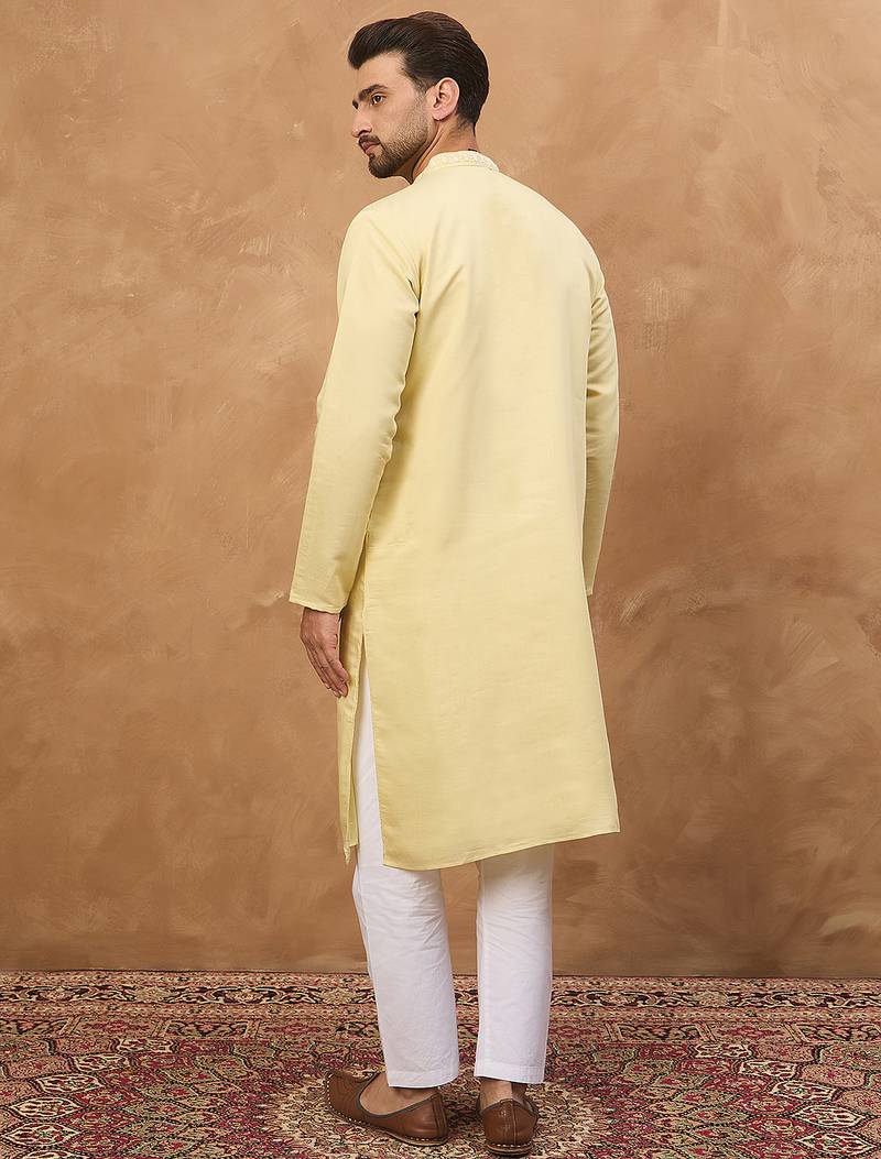 Men yellow silk blend solid embroidered straight kurta