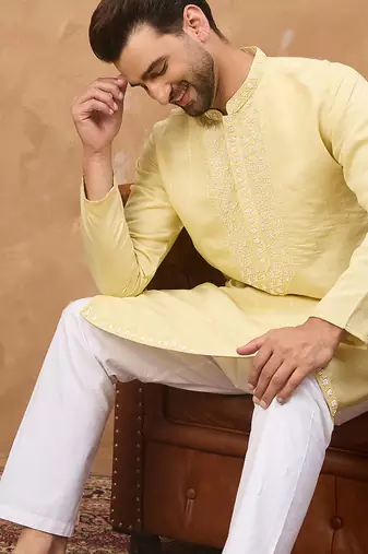 Men yellow silk blend solid embroidered straight kurta