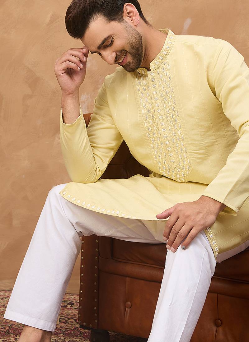 Men yellow silk blend solid embroidered straight kurta