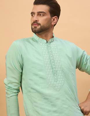 Men blue silk blend solid embroidered straight kurta 1