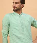 Men blue silk blend solid embroidered straight kurta