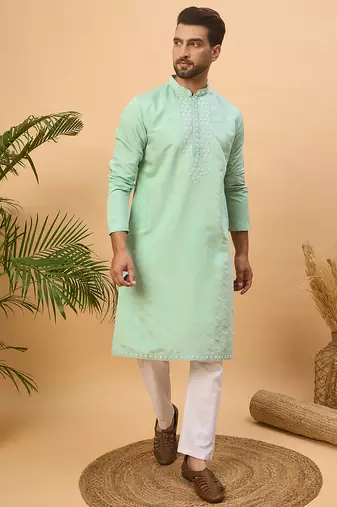 Men blue silk blend solid embroidered straight kurta