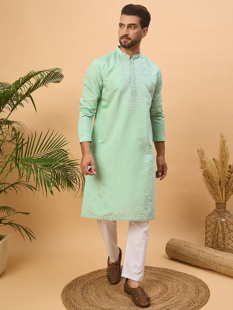 Men blue silk blend solid embroidered straight kurta