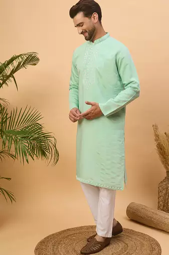 Men blue silk blend solid embroidered straight kurta