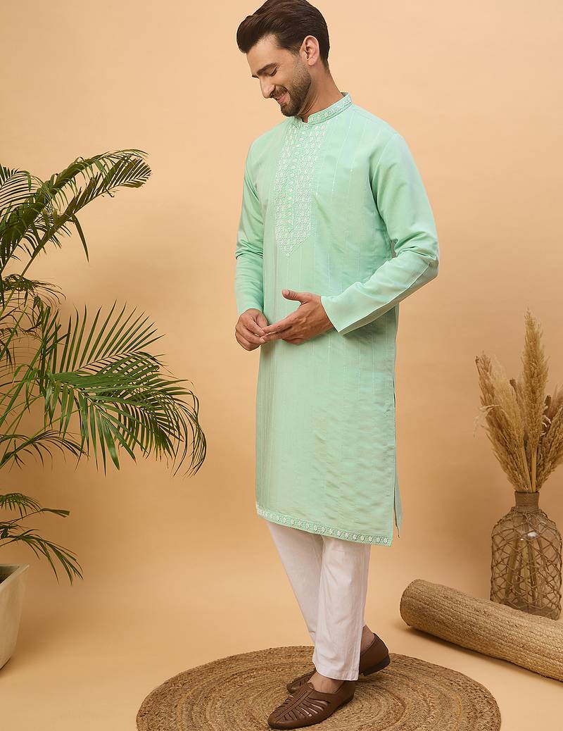 Men blue silk blend solid embroidered straight kurta