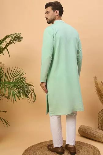 Men blue silk blend solid embroidered straight kurta