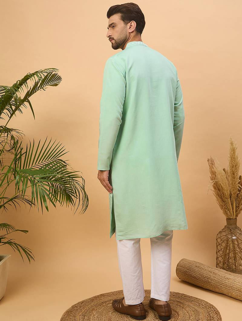 Men blue silk blend solid embroidered straight kurta