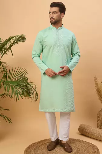 Men blue silk blend solid embroidered straight kurta