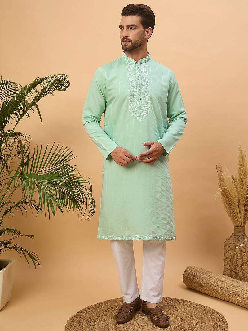 Men blue silk blend solid embroidered straight kurta