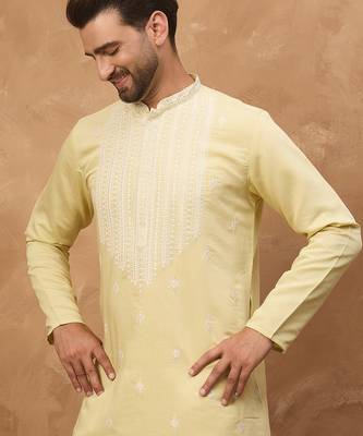 Men yellow silk blend solid embroidered straight kurta 1