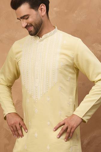 Men yellow silk blend solid embroidered straight kurta
