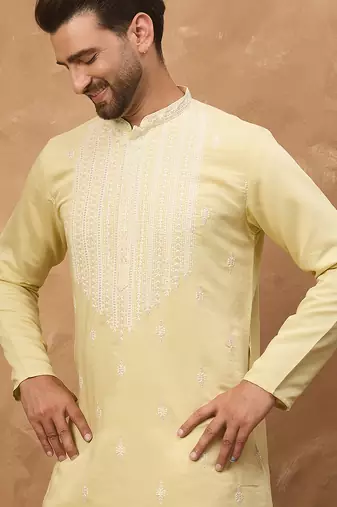 Men yellow silk blend solid embroidered straight kurta