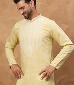 Men yellow silk blend solid embroidered straight kurta