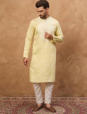 Men yellow silk blend solid embroidered straight kurta 2