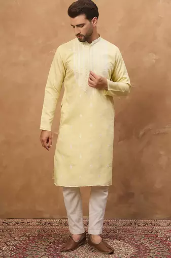 Men yellow silk blend solid embroidered straight kurta