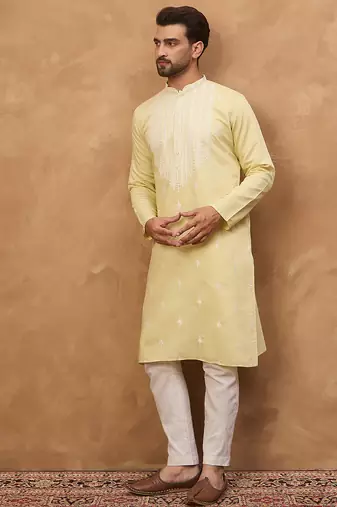 Men yellow silk blend solid embroidered straight kurta