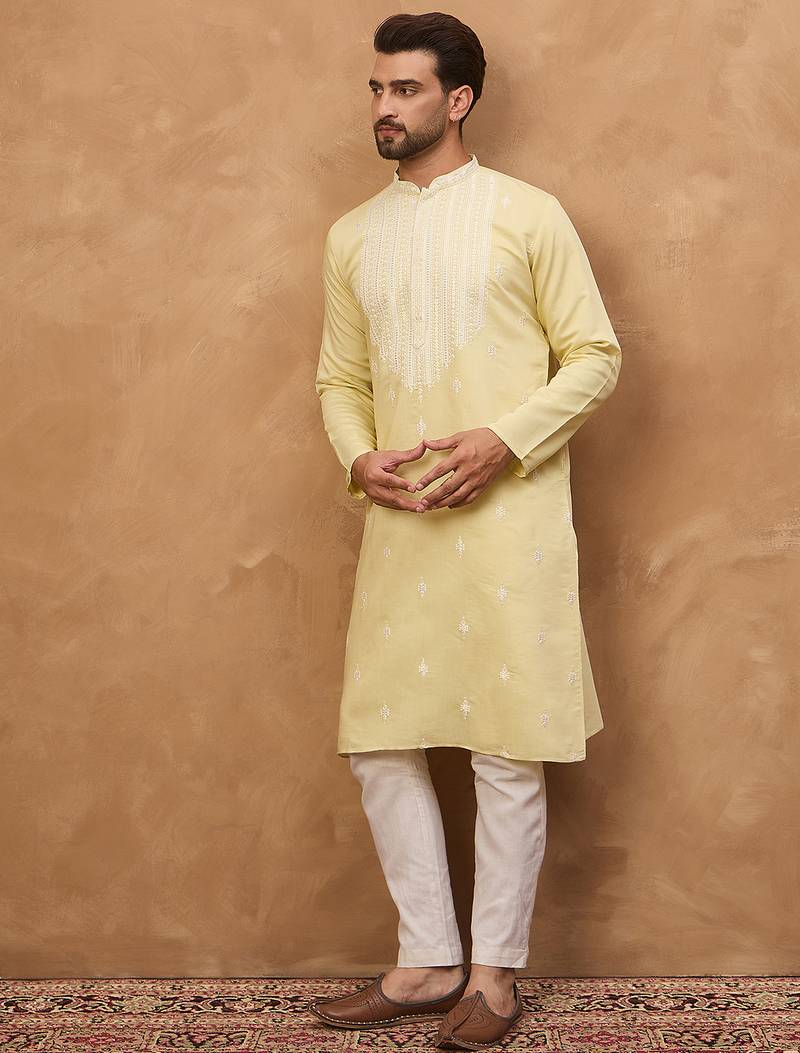 Men yellow silk blend solid embroidered straight kurta