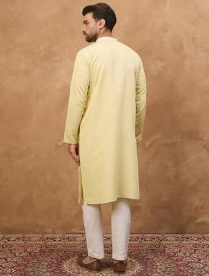 Men yellow silk blend solid embroidered straight kurta 4