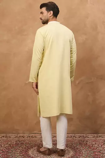 Men yellow silk blend solid embroidered straight kurta