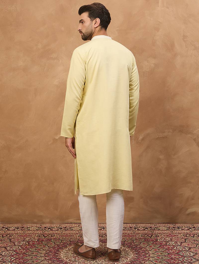 Men yellow silk blend solid embroidered straight kurta
