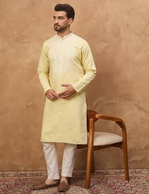 Men yellow silk blend solid embroidered straight kurta 5