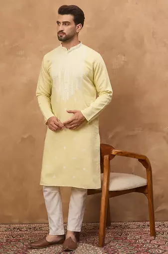 Men yellow silk blend solid embroidered straight kurta