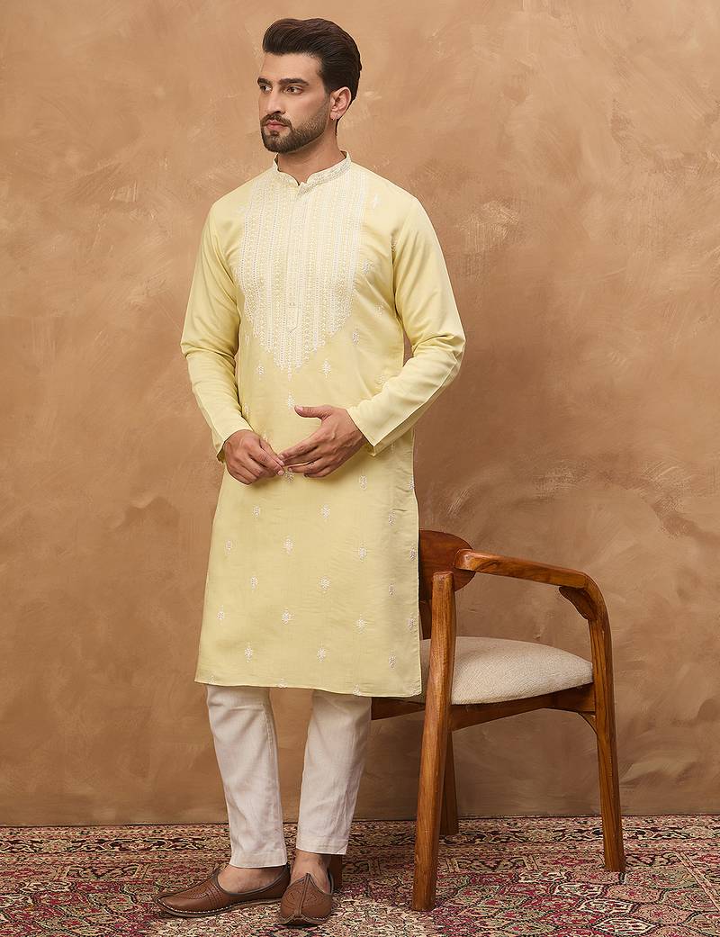 Men yellow silk blend solid embroidered straight kurta