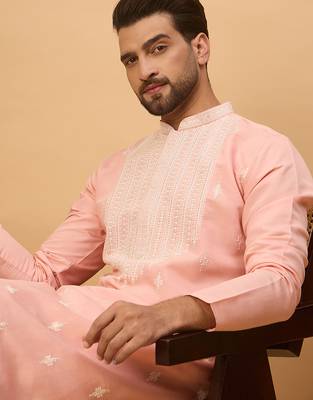 Men peach silk blend solid embroidered straight kurta 1