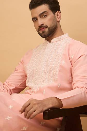 Men peach silk blend solid embroidered straight kurta