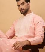Men peach silk blend solid embroidered straight kurta