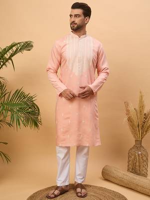 Men peach silk blend solid embroidered straight kurta 2
