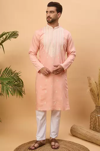 Men peach silk blend solid embroidered straight kurta