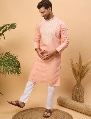 Men peach silk blend solid embroidered straight kurta 3