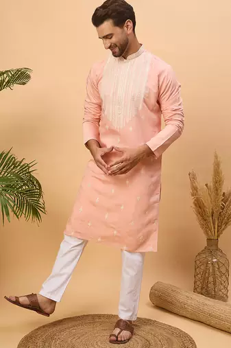 Men peach silk blend solid embroidered straight kurta