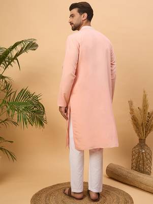 Men peach silk blend solid embroidered straight kurta 4