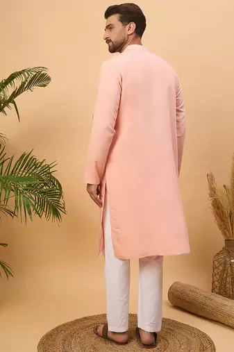 Men peach silk blend solid embroidered straight kurta